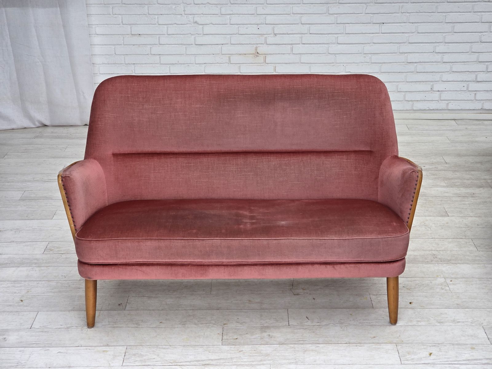 1970s, 2 Seater Swedish Sofa, Pink Furniture Velour, Beech Wood. photo Furniture
