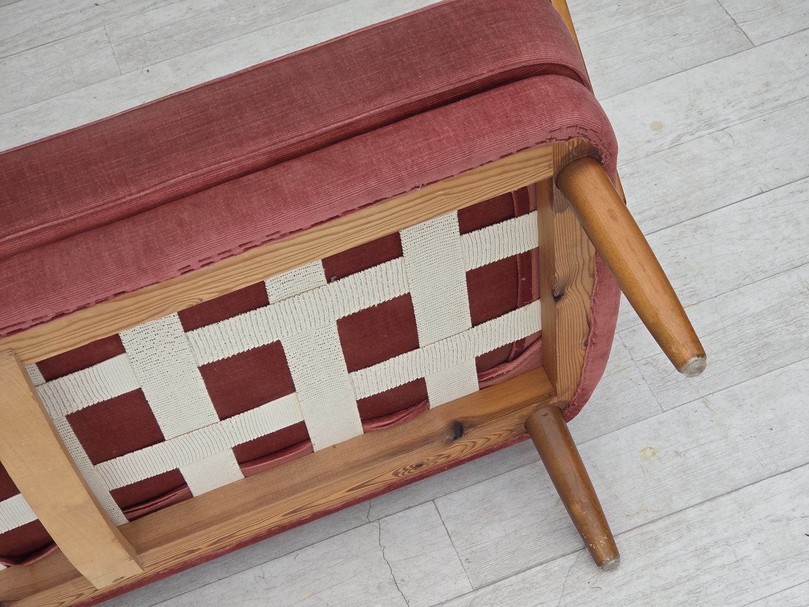 photo furniture 1970s, 2 Seater Swedish Sofa, Pink Furniture Velour, Beech Wood.