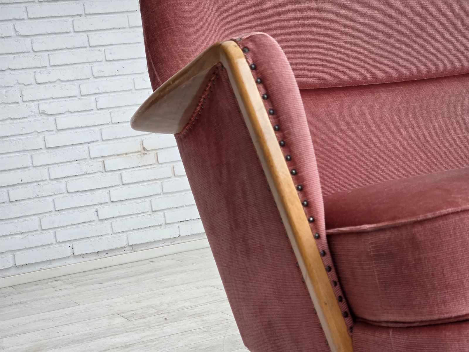 1570.0 1970s, 2 Seater Swedish Sofa, Pink Furniture Velour, Beech Wood. photo