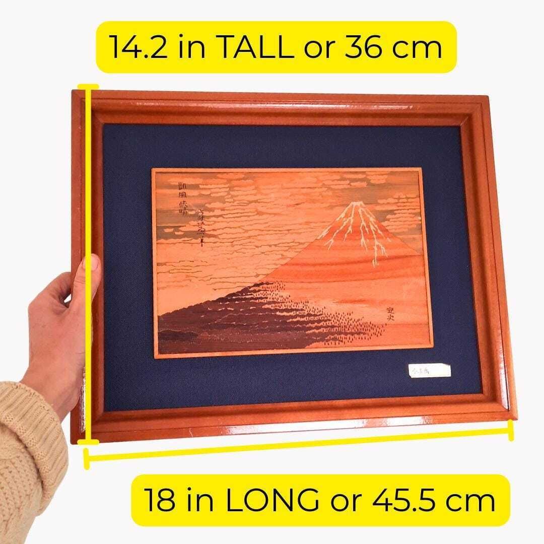 Mid Century Japanese Hakone Mokuzogan Mt. Fuji Wood Inlay Art After Red Fuji By Katsushika Hokusai photo furniture