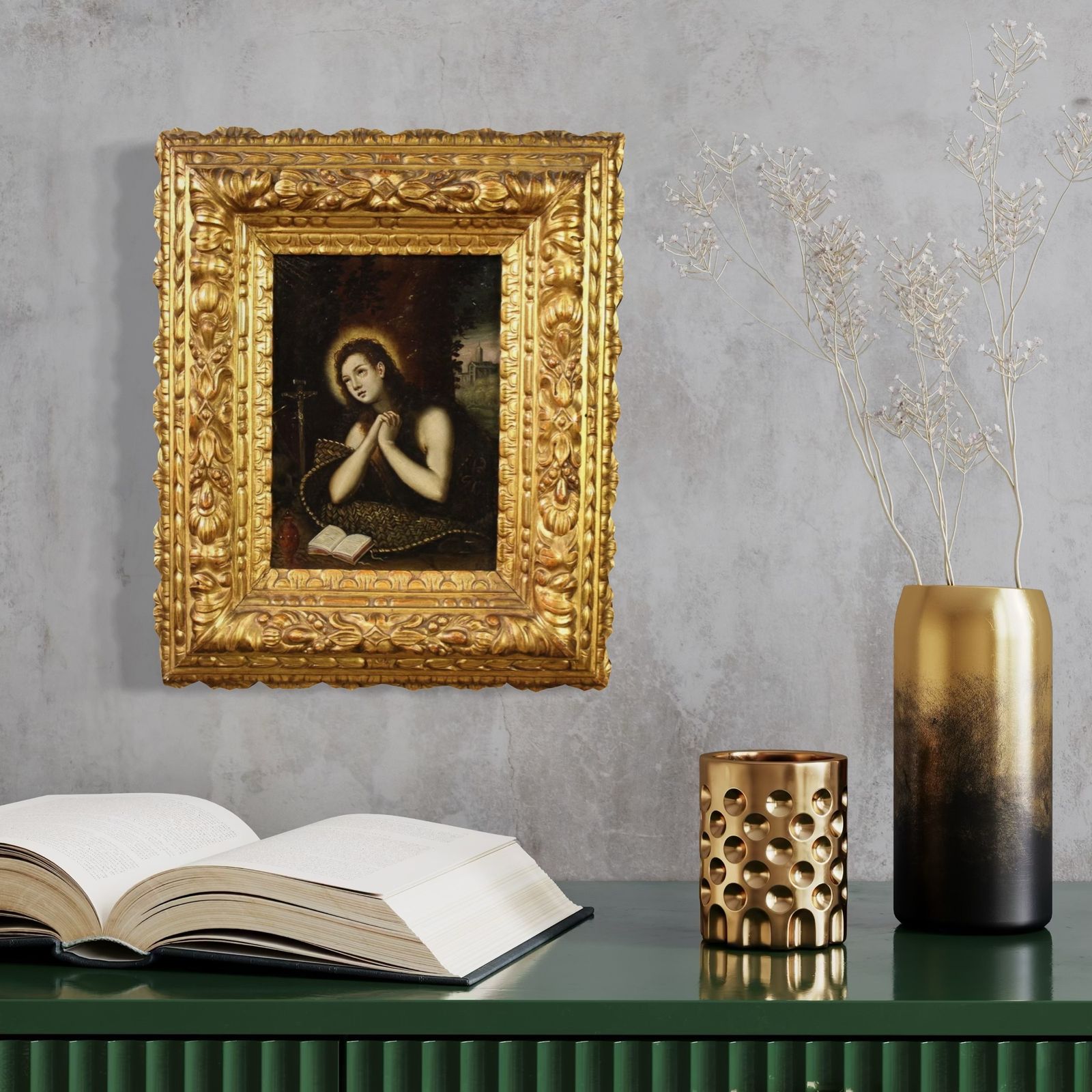 Antique 17th Century Copper Painting, Penitent Magdalene photo vintage