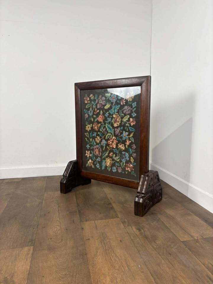 Vintage Oak Framed Floral Tapestry Fire Screen