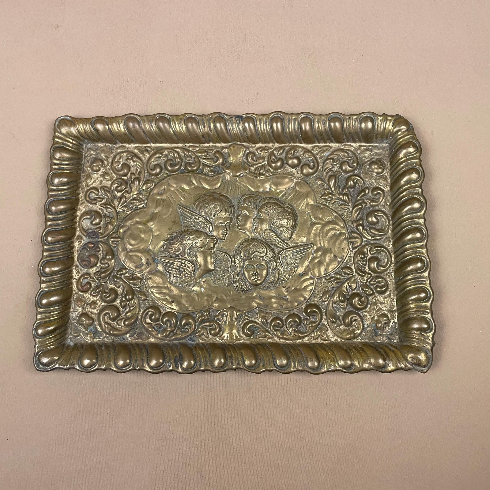 Antique Gold Brass Metal Rectangle Tray Patterned 26.5x18.5cm Cherubs Babies Handmade Decorative Arts & Crafts Vintage Display Small