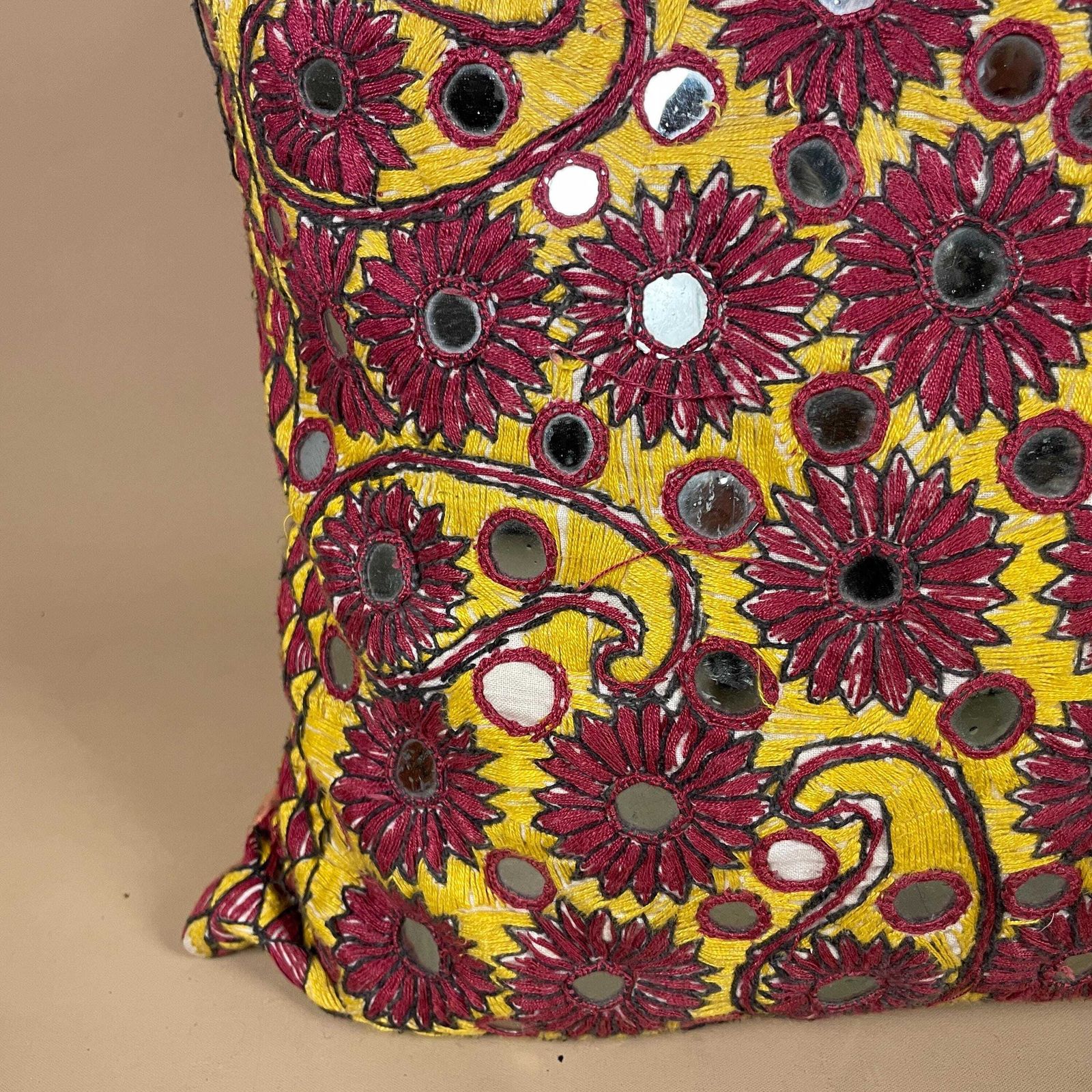 photo for sale Pair Of Antique Indian Traditional Cushions Embroidered Floral Shisha Mirrrorwork Scatter Pillow 40x40cm Square Pattern Handmade Decorative