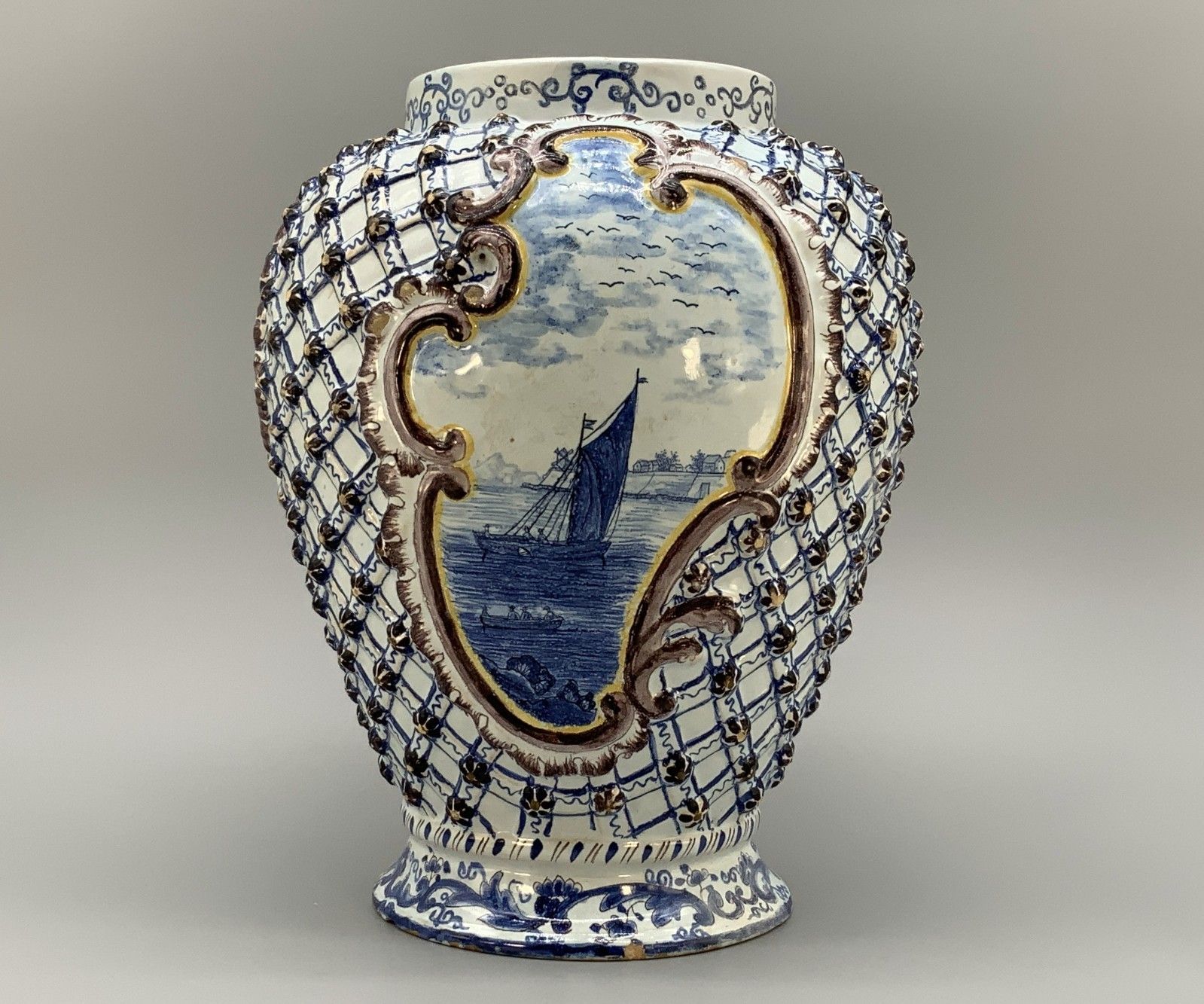 Large Superb 19thc Dutch Style French Faience Delft Manganese Blue & White Vase photo for sale
