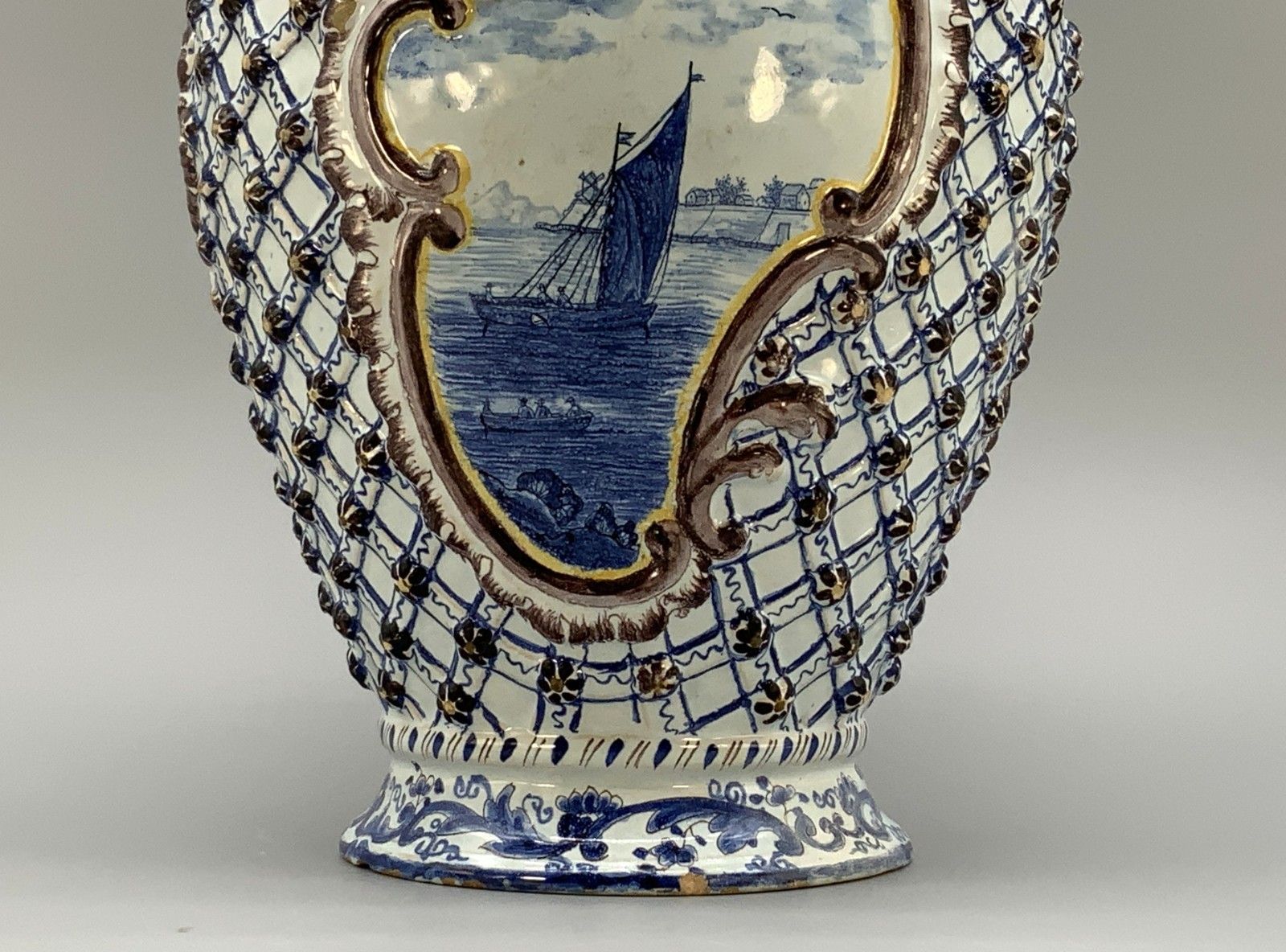 Large Superb 19thc Dutch Style French Faience Delft Manganese Blue & White Vase photo 390.0
