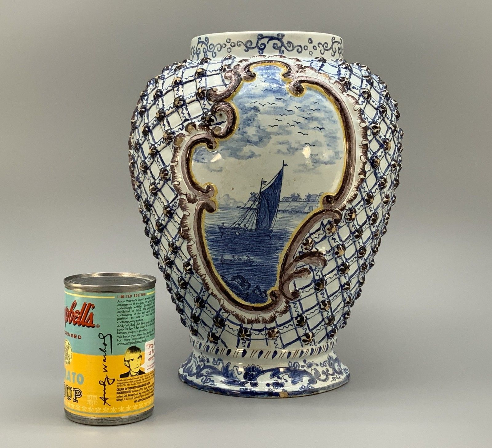 Large Superb 19thc Dutch Style French Faience Delft Manganese Blue & White Vase photo vinterior