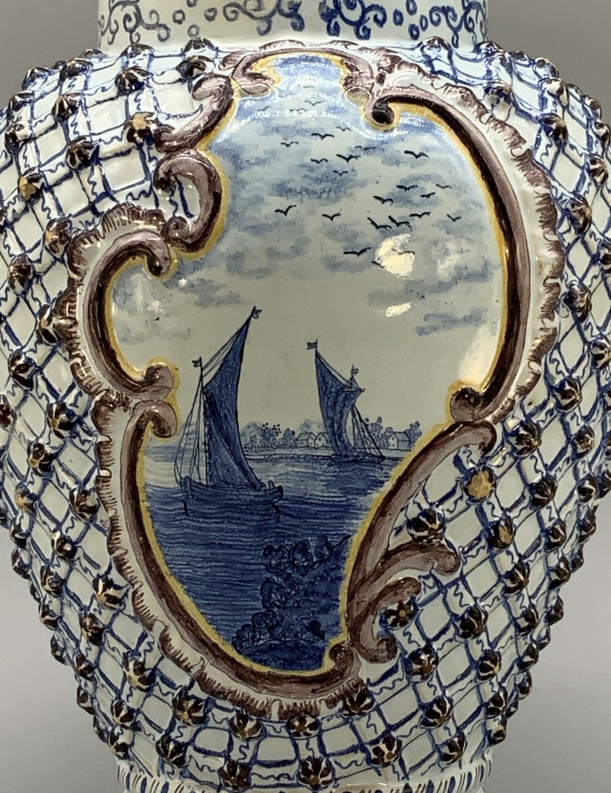 390.0 Large Superb 19thc Dutch Style French Faience Delft Manganese Blue & White Vase photo