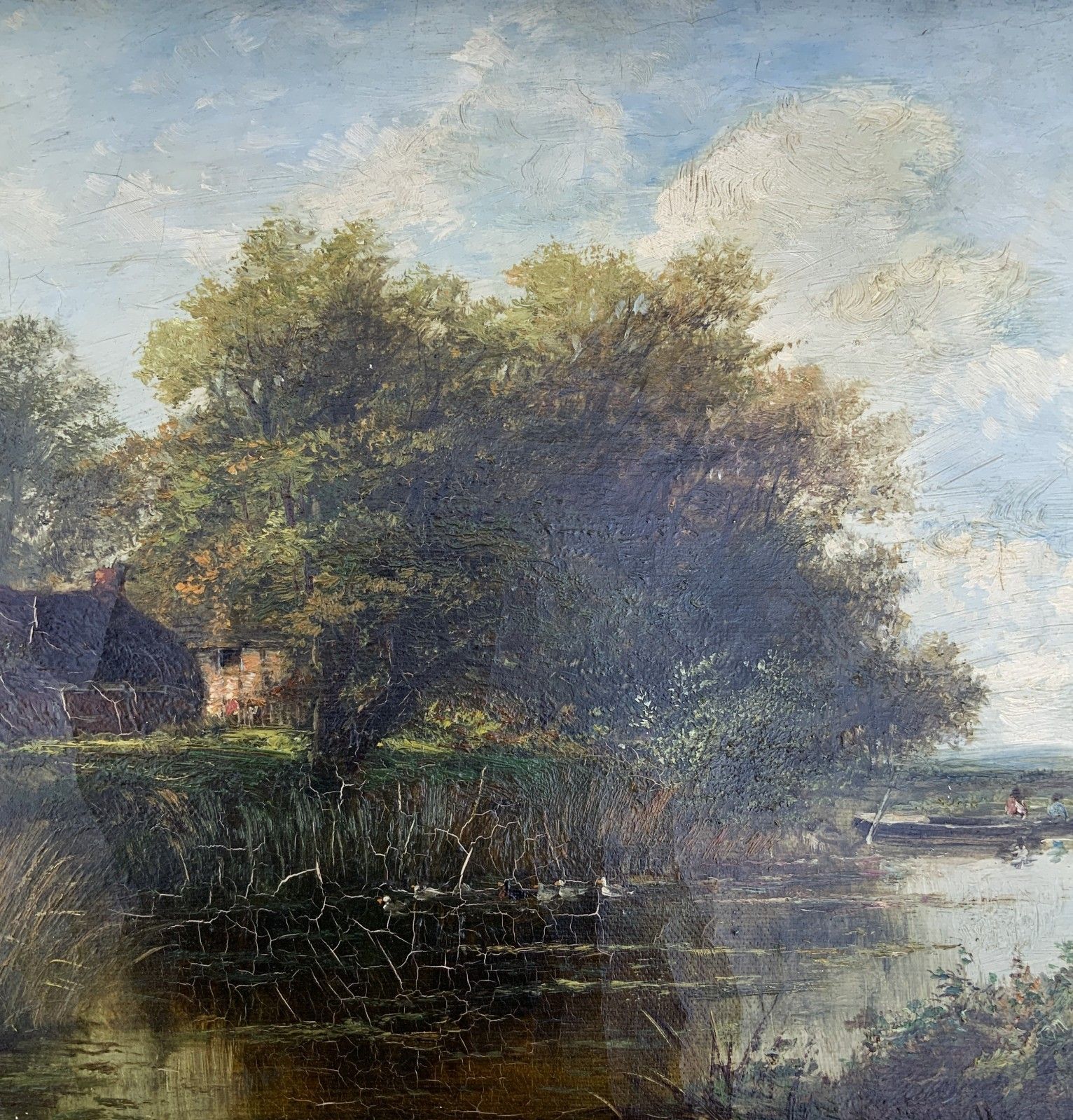 Att: Abraham Hulk Junior (British, 1851 1922) Duck Pond Riverscape Oil Painting photo Art