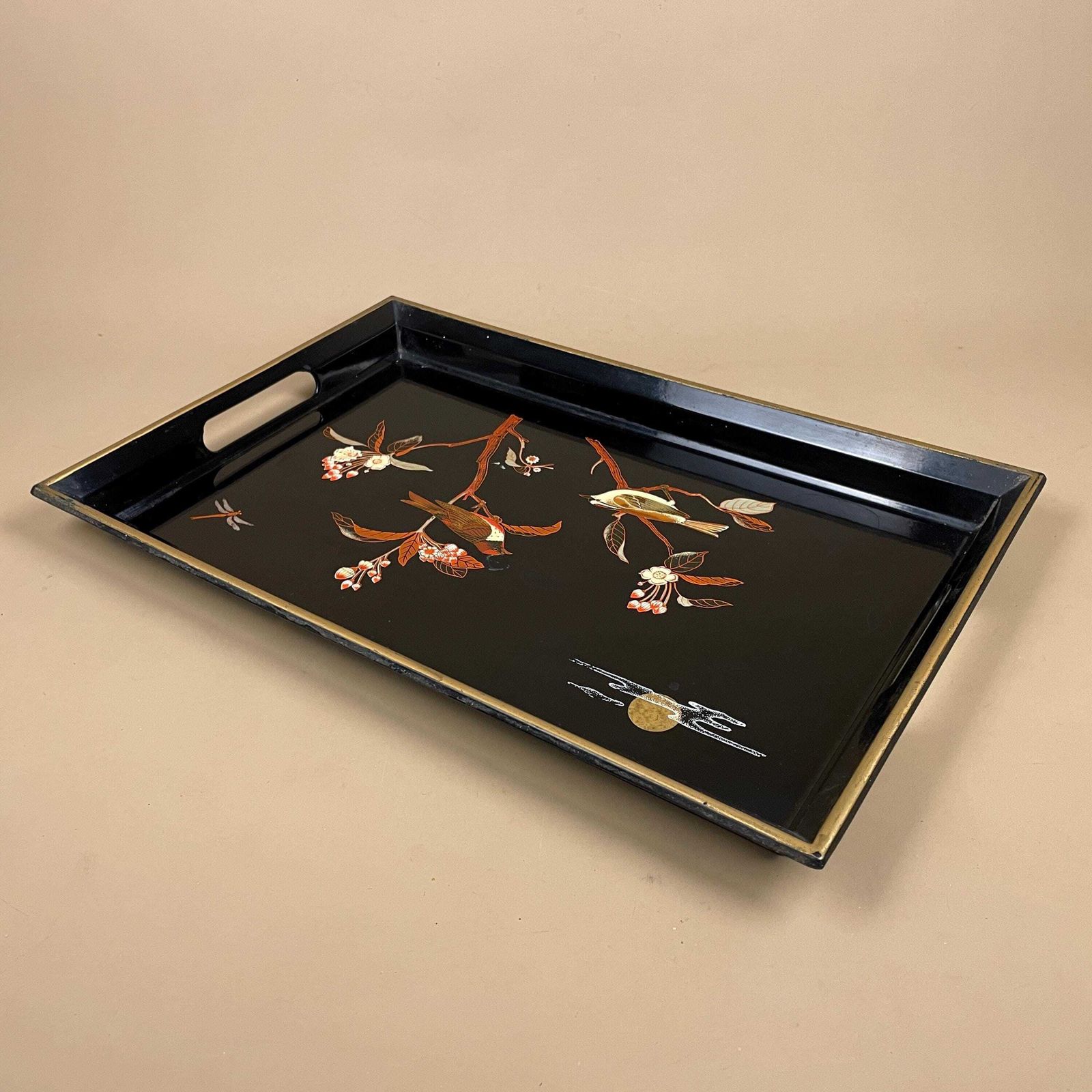 Japanese Lacquered Wood Tray Rectangle Floral Bird Design Oriental Black Decorative Asian Serving Tray Antique Vintage Display photo 55.0