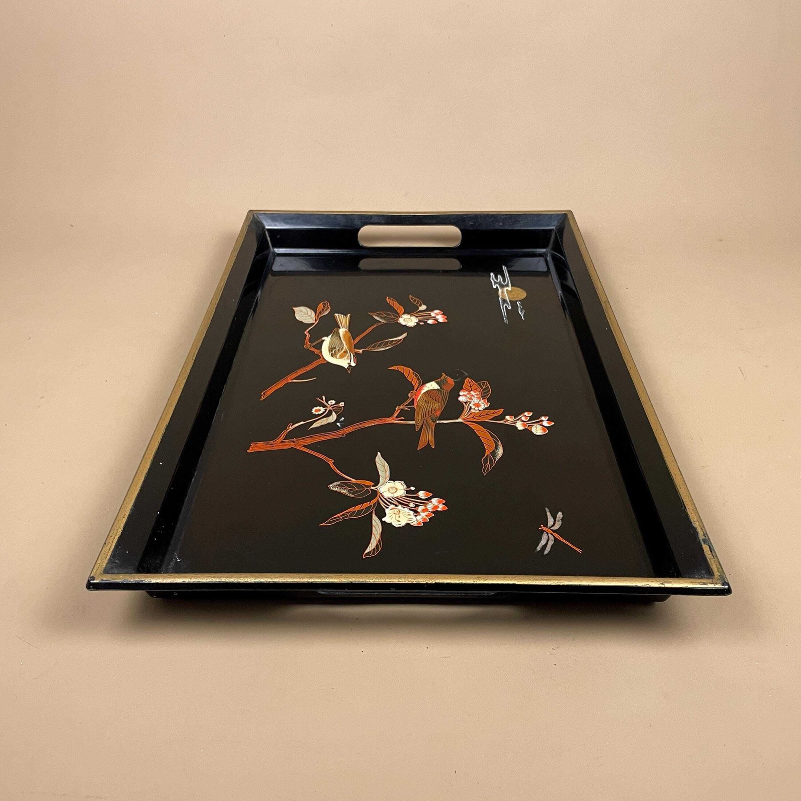 Japanese Lacquered Wood Tray Rectangle Floral Bird Design Oriental Black Decorative Asian Serving Tray Antique Vintage Display photo vintage