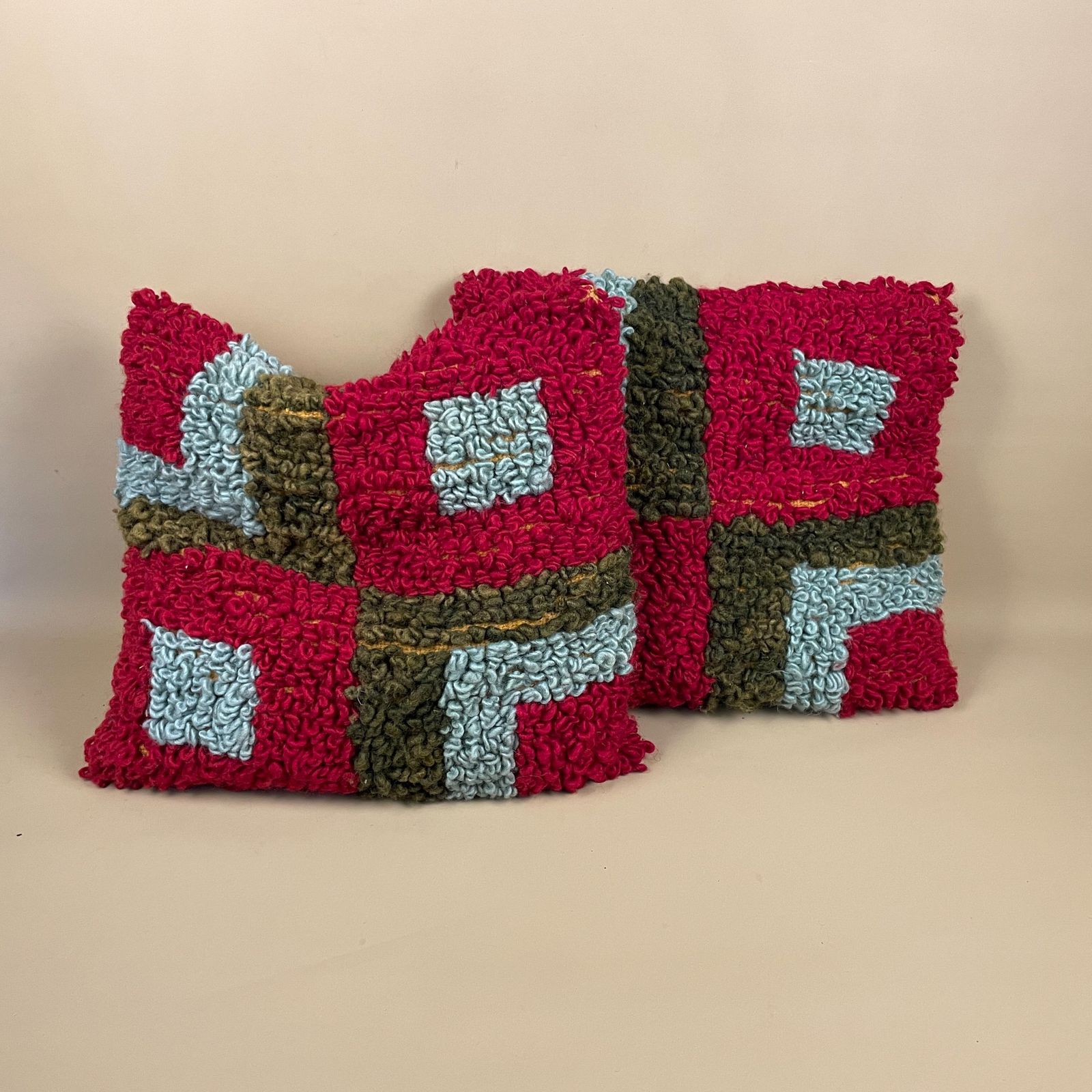 Set Of 2 Vintage Moroccan Wool Woven Cushion Scatter Pillow Kilim Boucle Red Blue Antique Cushions 40x40cm Bolster Throw Decorative
