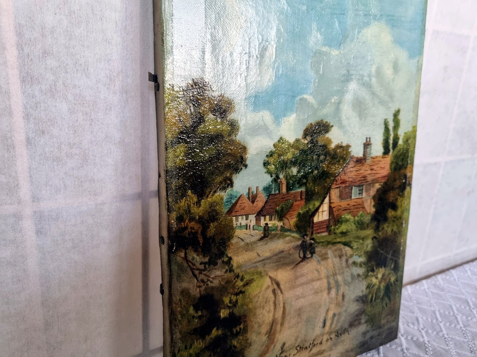 Antique English Oil Painting, Original Landscape Artwork On Canvas, Hand Painted Village Scene photo for sale