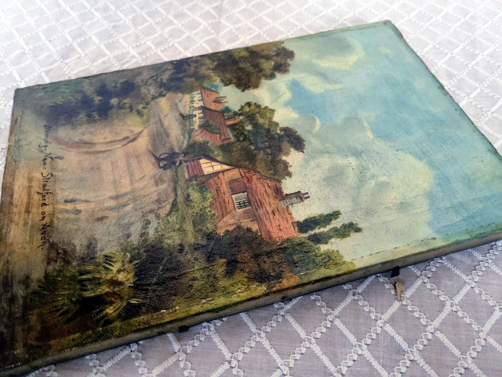 photo vinterior Antique English Oil Painting, Original Landscape Artwork On Canvas, Hand Painted Village Scene