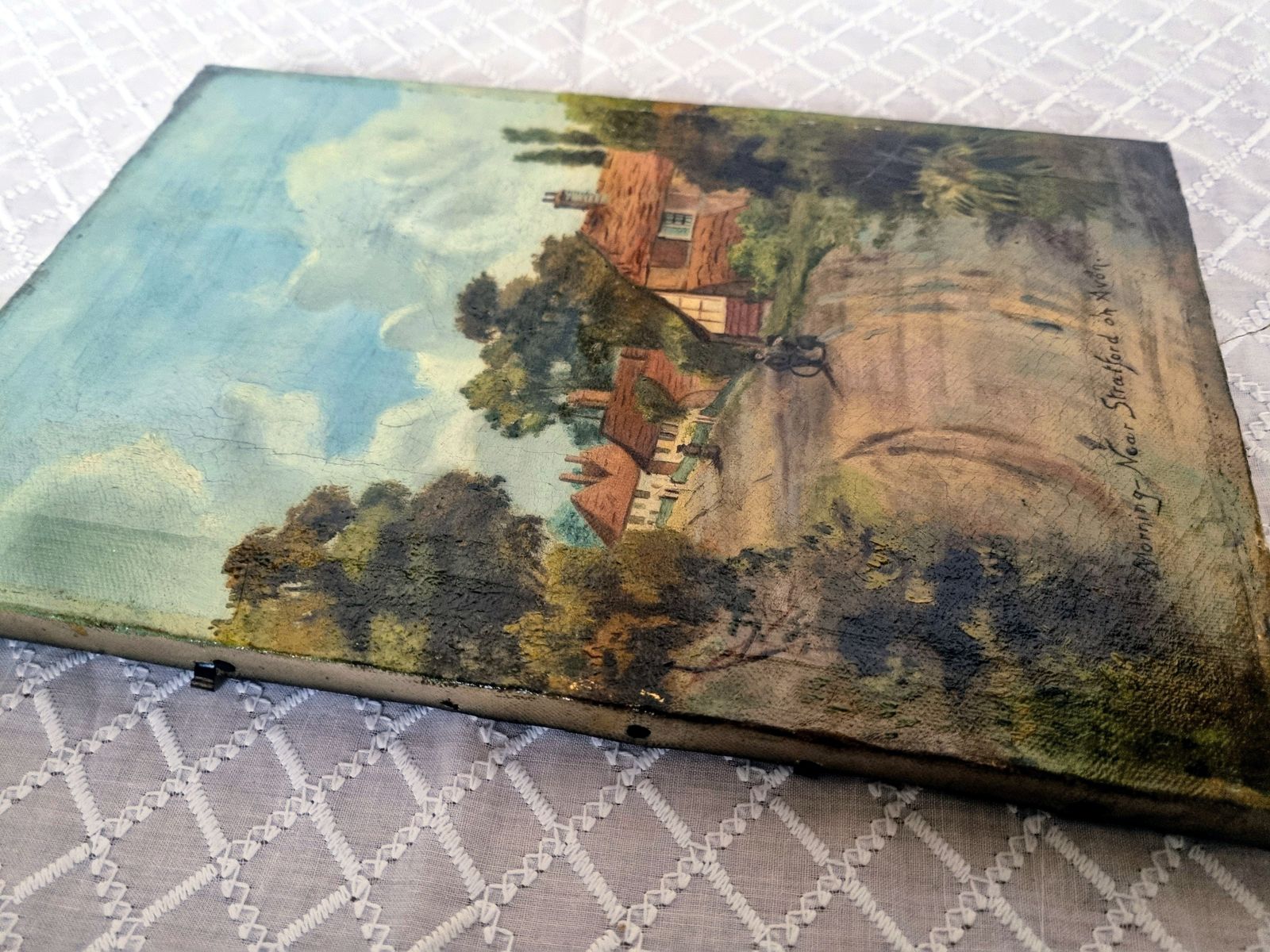 photo buy Antique English Oil Painting, Original Landscape Artwork On Canvas, Hand Painted Village Scene