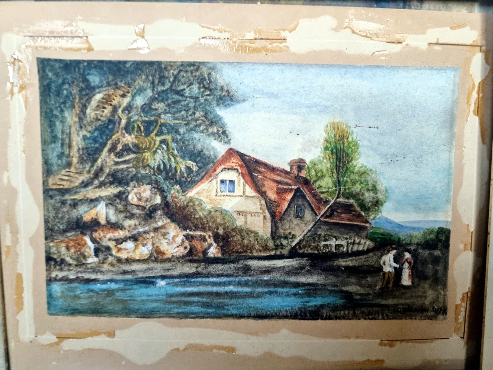 Antique English Landscape Painting, Original Framed Artwork On Paper, Village Scene With River photo Art