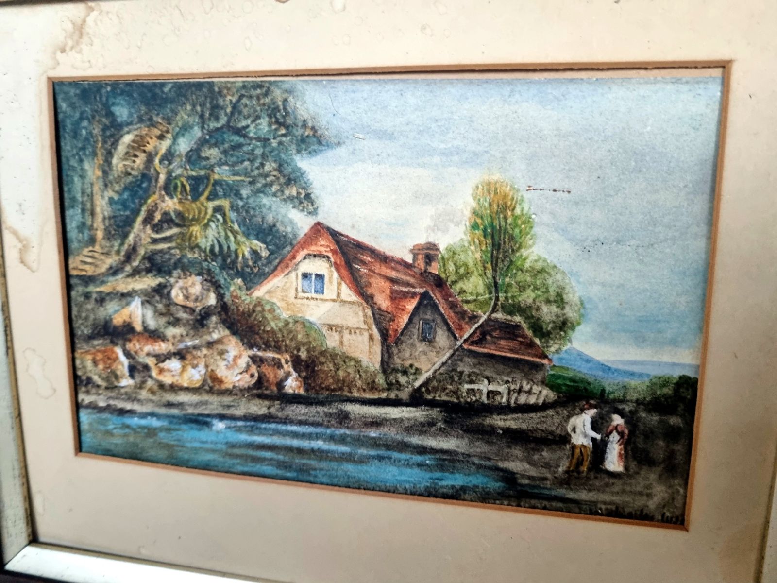 photo for sale Antique English Landscape Painting, Original Framed Artwork On Paper, Village Scene With River