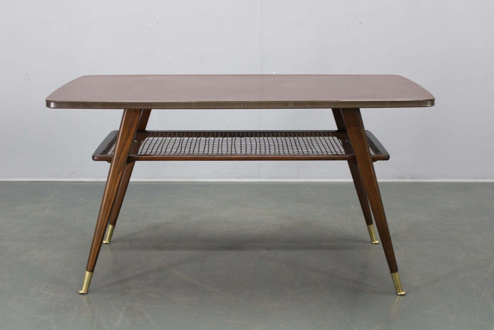 Mid Century German Coffee Table With Rattan Shelf And Brass Legs photo furniture
