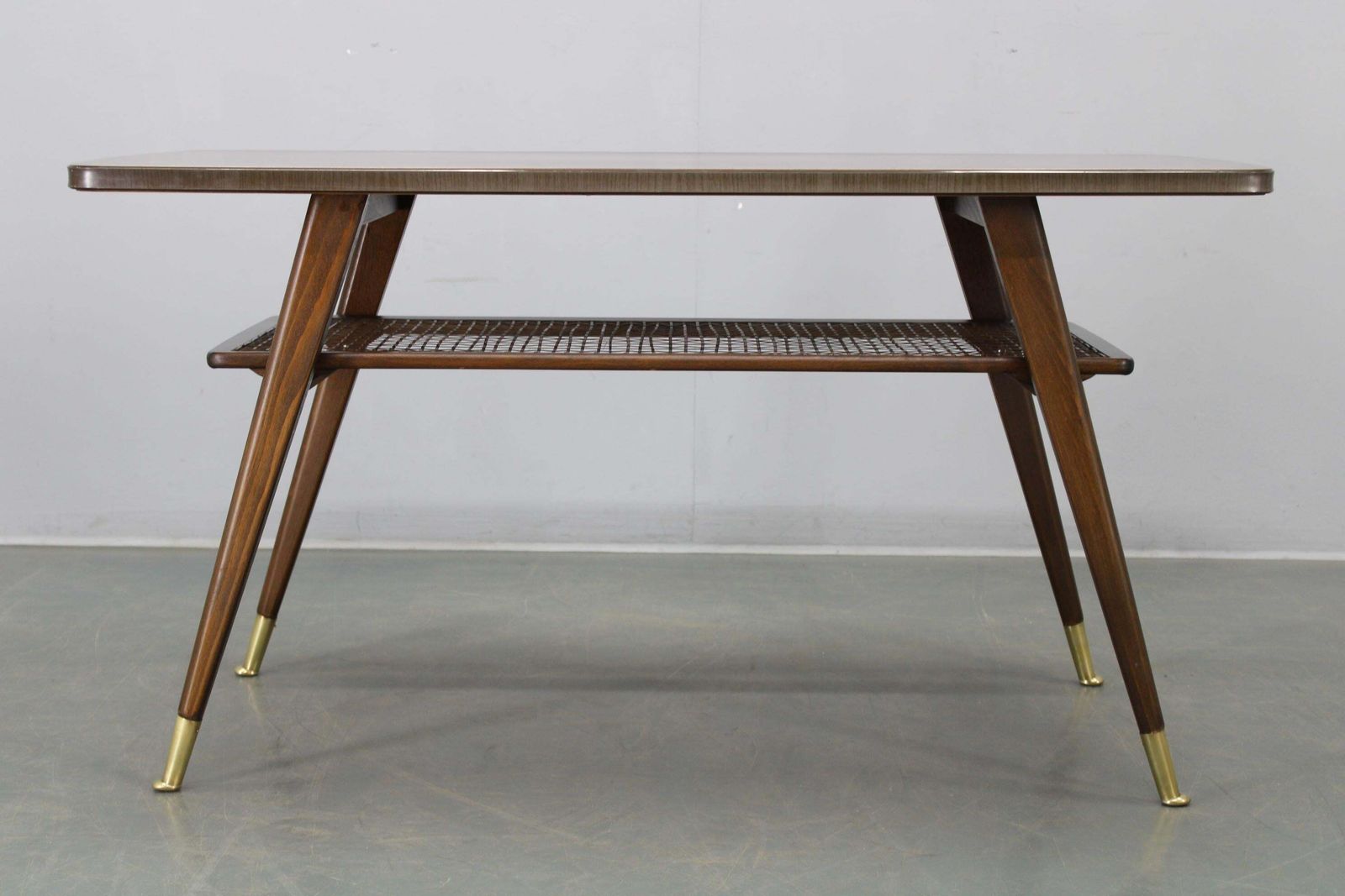 Furniture Mid Century German Coffee Table With Rattan Shelf And Brass Legs photo