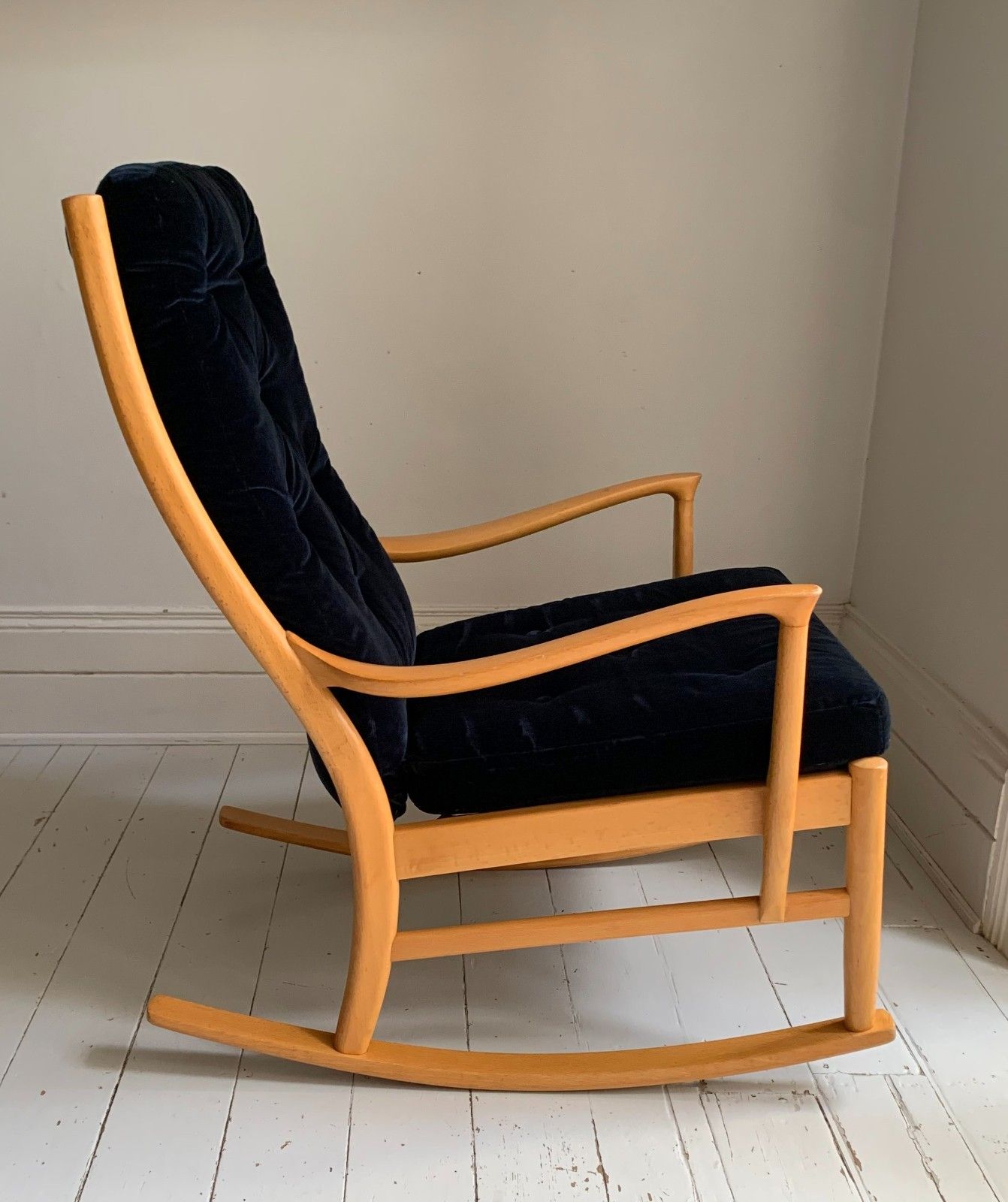 Mid Century Parker Knoll Florian Rocking Chair W/ Beech Frame, Midnight Blue Velvet Cushions photo furniture