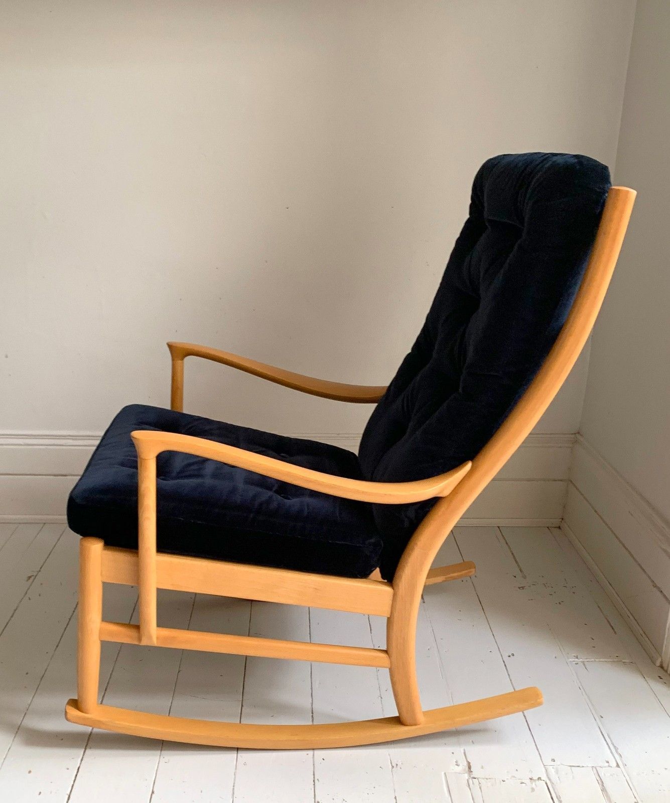 Mid Century Parker Knoll Florian Rocking Chair W/ Beech Frame, Midnight Blue Velvet Cushions photo vinterior
