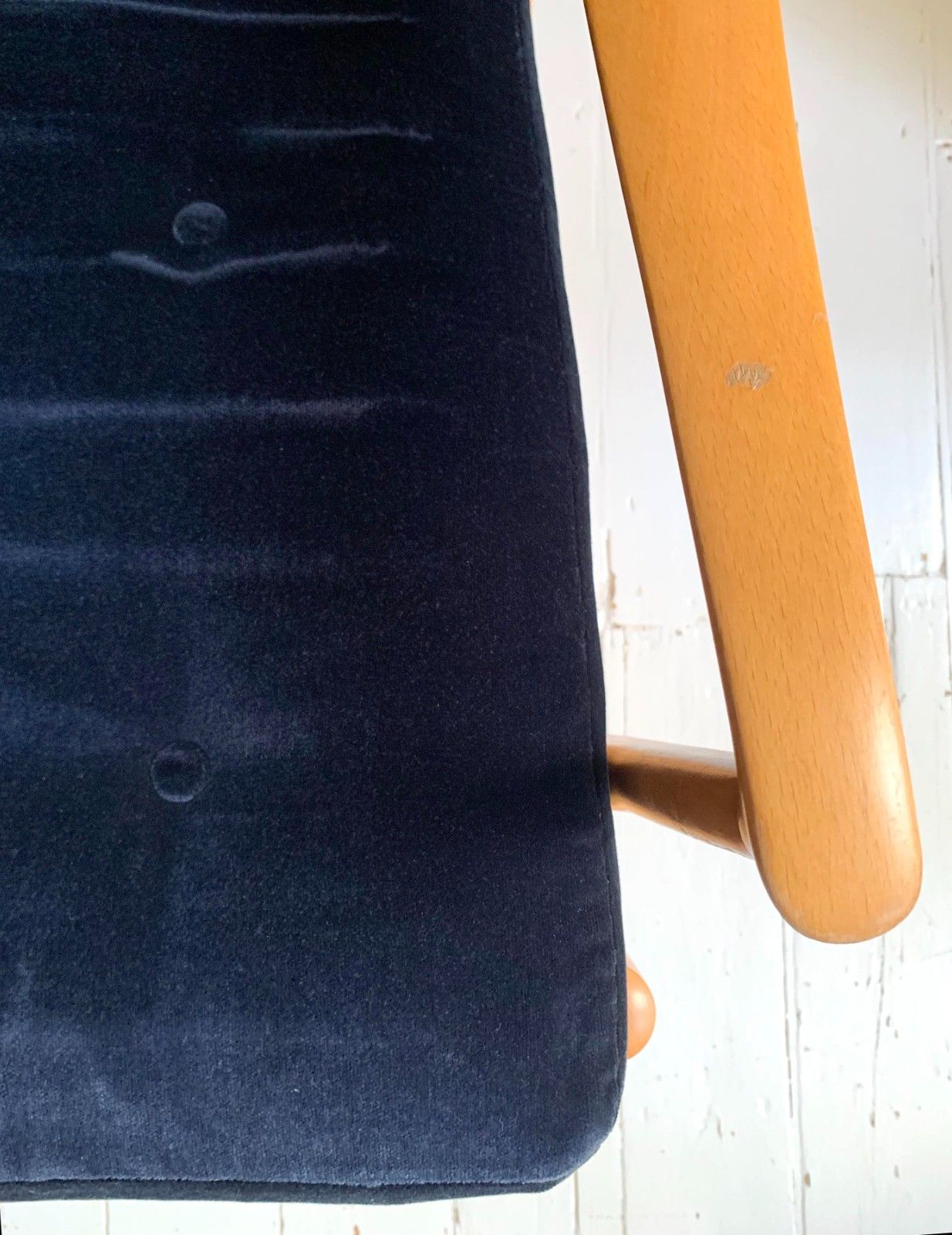 Furniture Mid Century Parker Knoll Florian Rocking Chair W/ Beech Frame, Midnight Blue Velvet Cushions photo