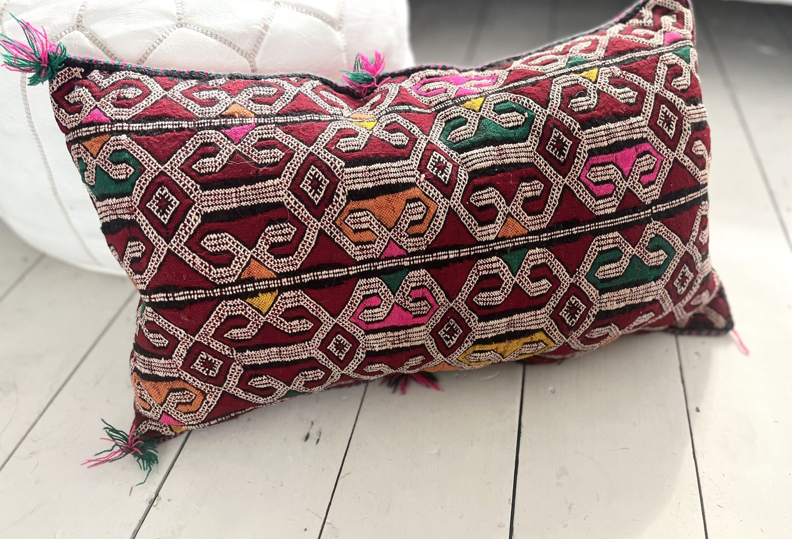 Vintage Moroccan Berber Cushion Cover Amazigh Kilim With Motifs & Pom Poms