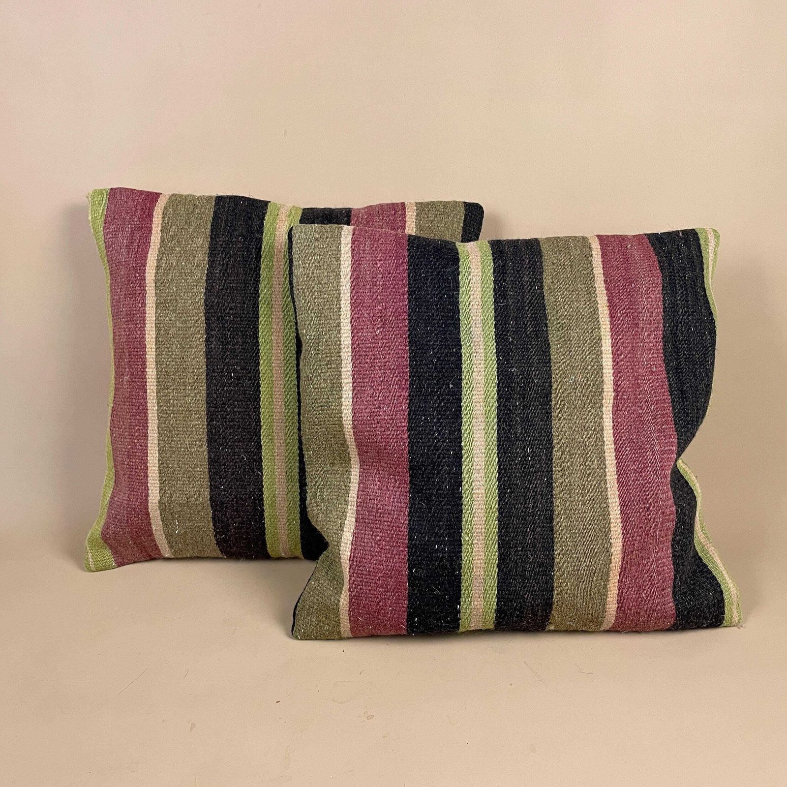 Set Of 2 Vintage Moroccan Wool Woven Cushion Scatter Pillow Kilim Green Striped Pattern Antique Cushions 39x39cm Bolster Throw Decorative photo Textiles