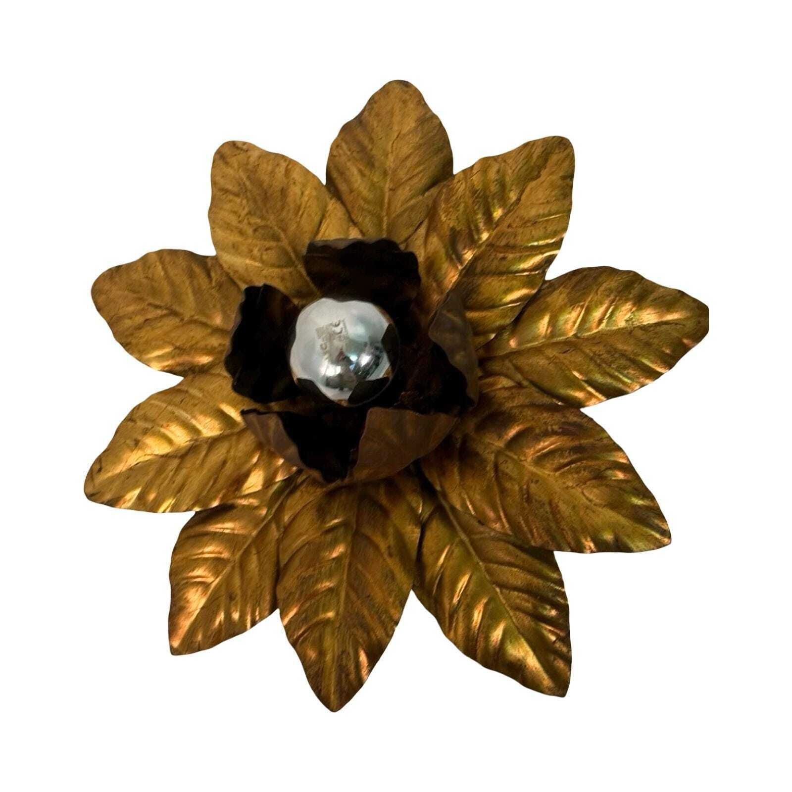 French Made   Sunburst   Hollywood Regency   Wall Or Ceiling Lamp With Golden Leaf Motif photo furniture