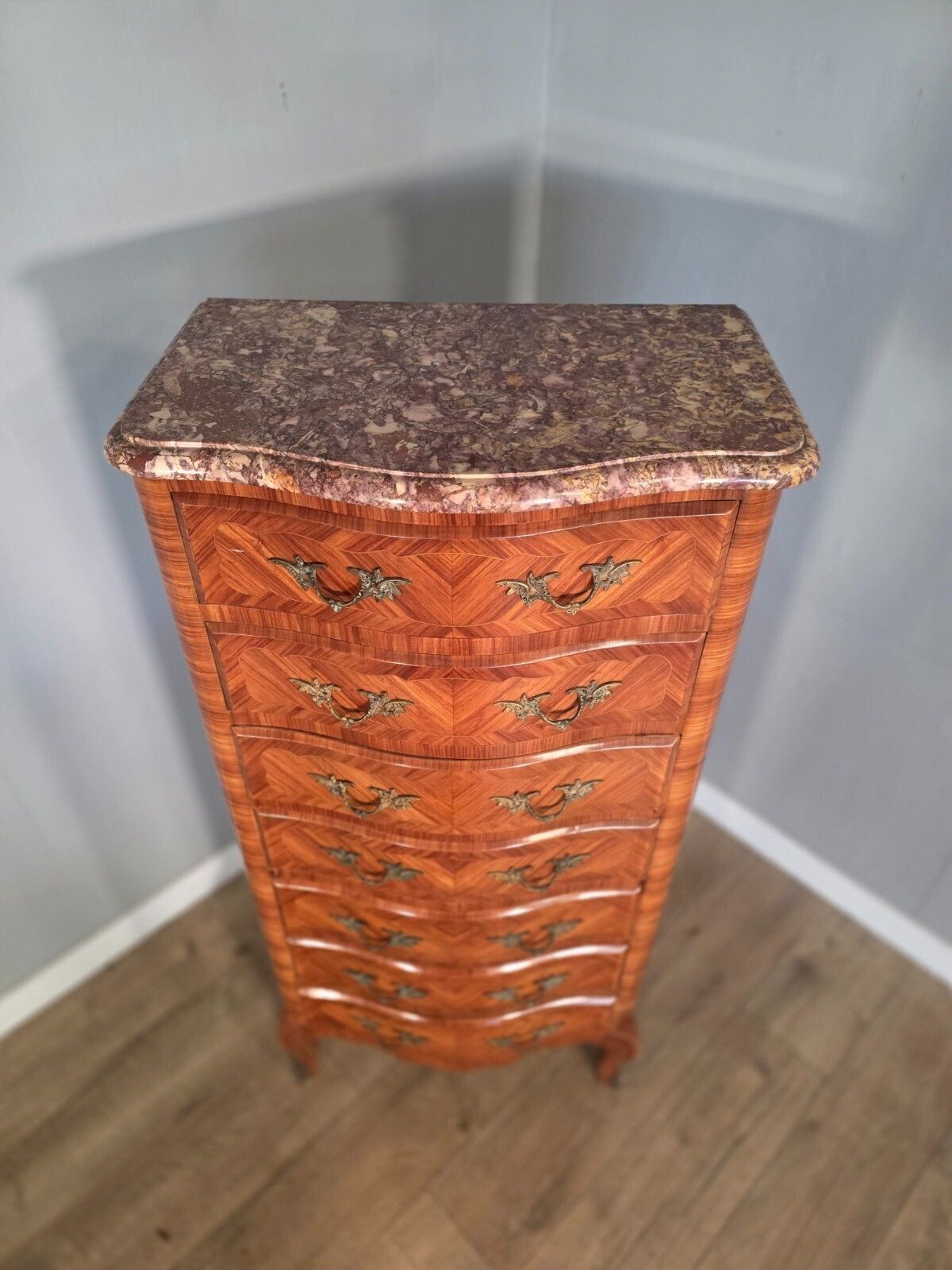 Antique French Inlaid Marble Top 7 Drawer Chest 1930s photo buy