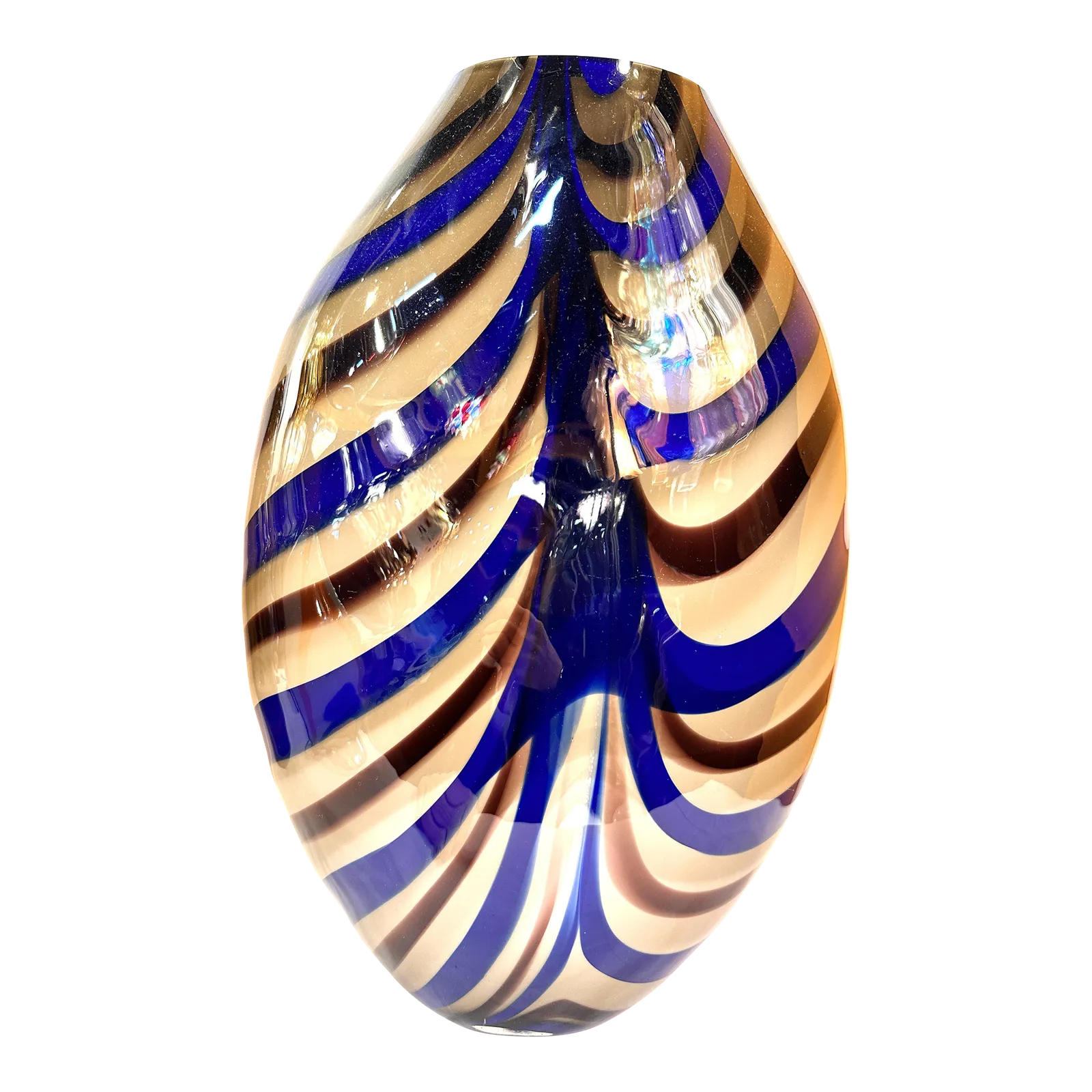 Artistic Italian Vase In Beige Hand Made Murano Glass With Blue And Brown Reeds