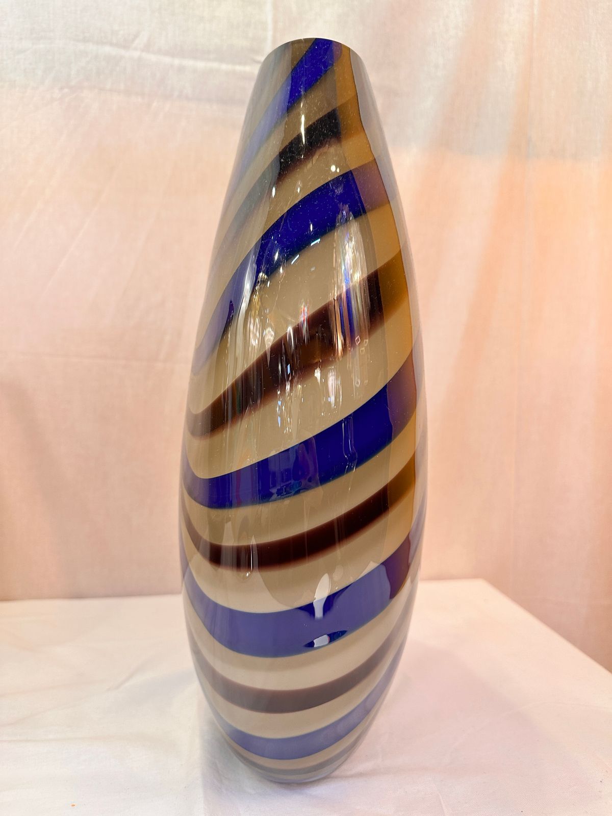Artistic Italian Vase In Beige Hand Made Murano Glass With Blue And Brown Reeds photo for sale