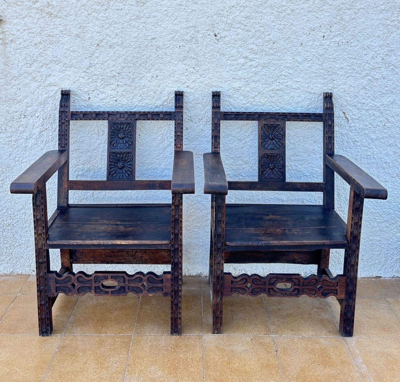Furniture 19th Century Spanish Colonial Carved Altar Armchairs With Wooden Seats, Set Of 2 photo
