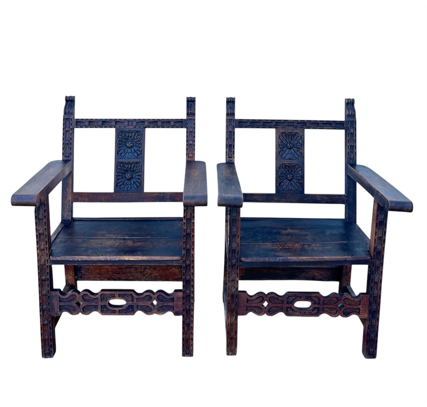 19th Century Spanish Colonial Carved Altar Armchairs With Wooden Seats, Set Of 2