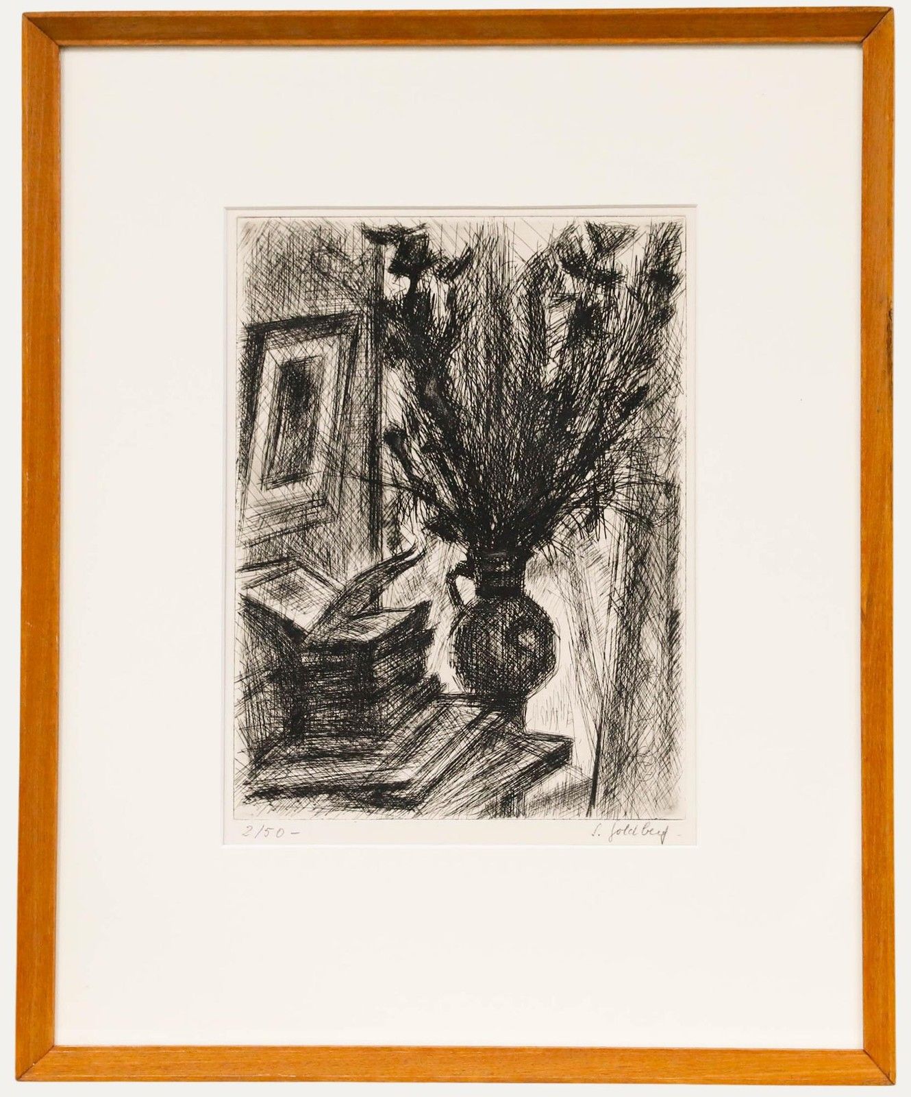 Simon Goldberg (1913 1985) Framed 20th Century Etching, Bouquet And Books