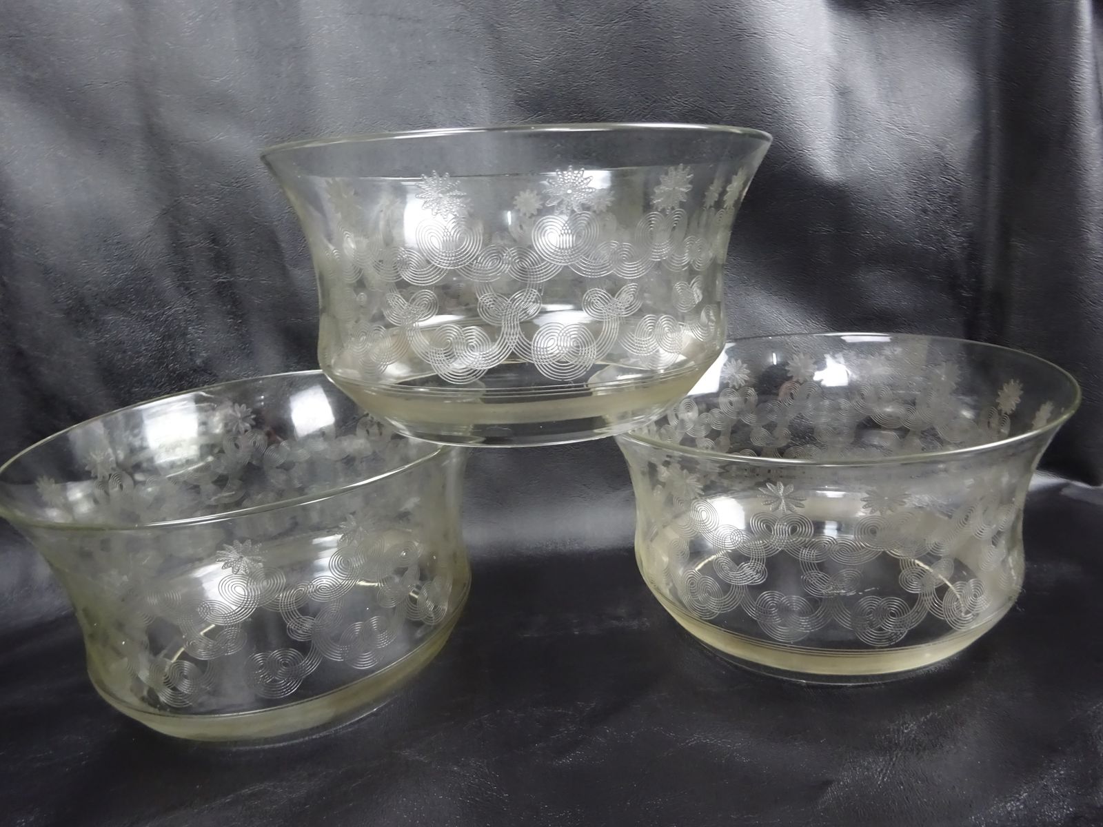 Set Of 3 Reclaimed Etched Glass Gas Chandelier Shades