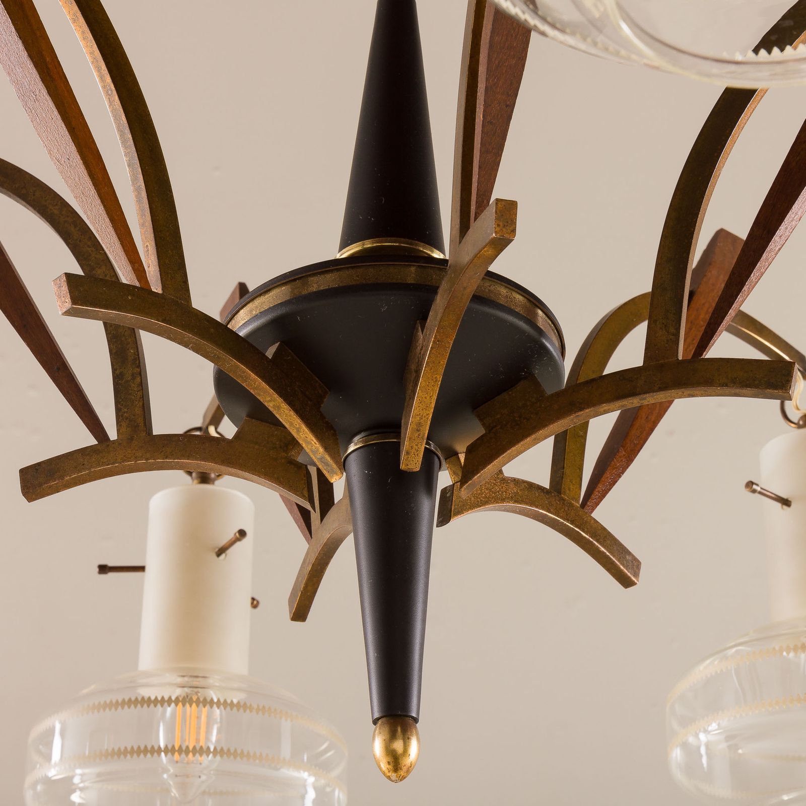 photo for sale Itailan Mid Century Murano Glass And Teak Chandelier Attr. To Stilnovo, 1960s