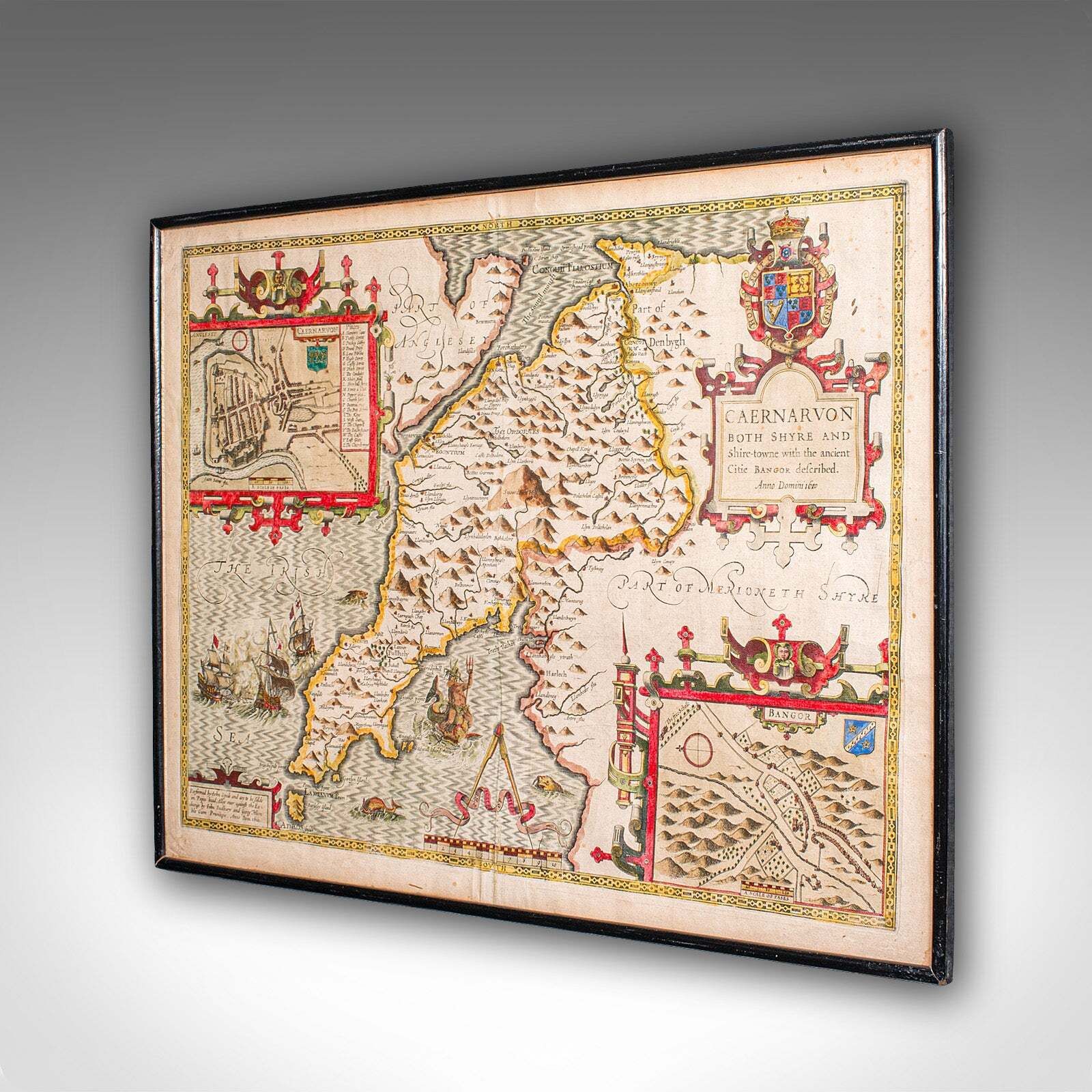 Antique Caernarvon Map, Framed Cartography, Welsh County, John Speed, Circa 1610 photo for sale