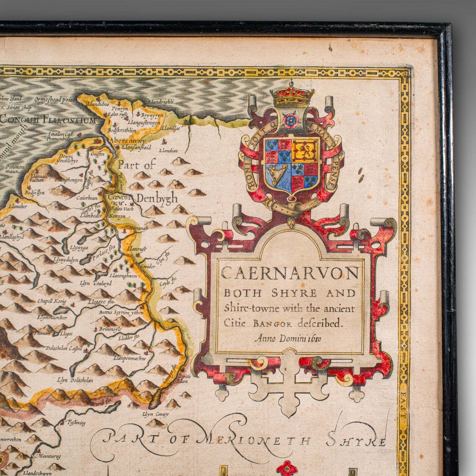 Antique Caernarvon Map, Framed Cartography, Welsh County, John Speed, Circa 1610 photo 607.0
