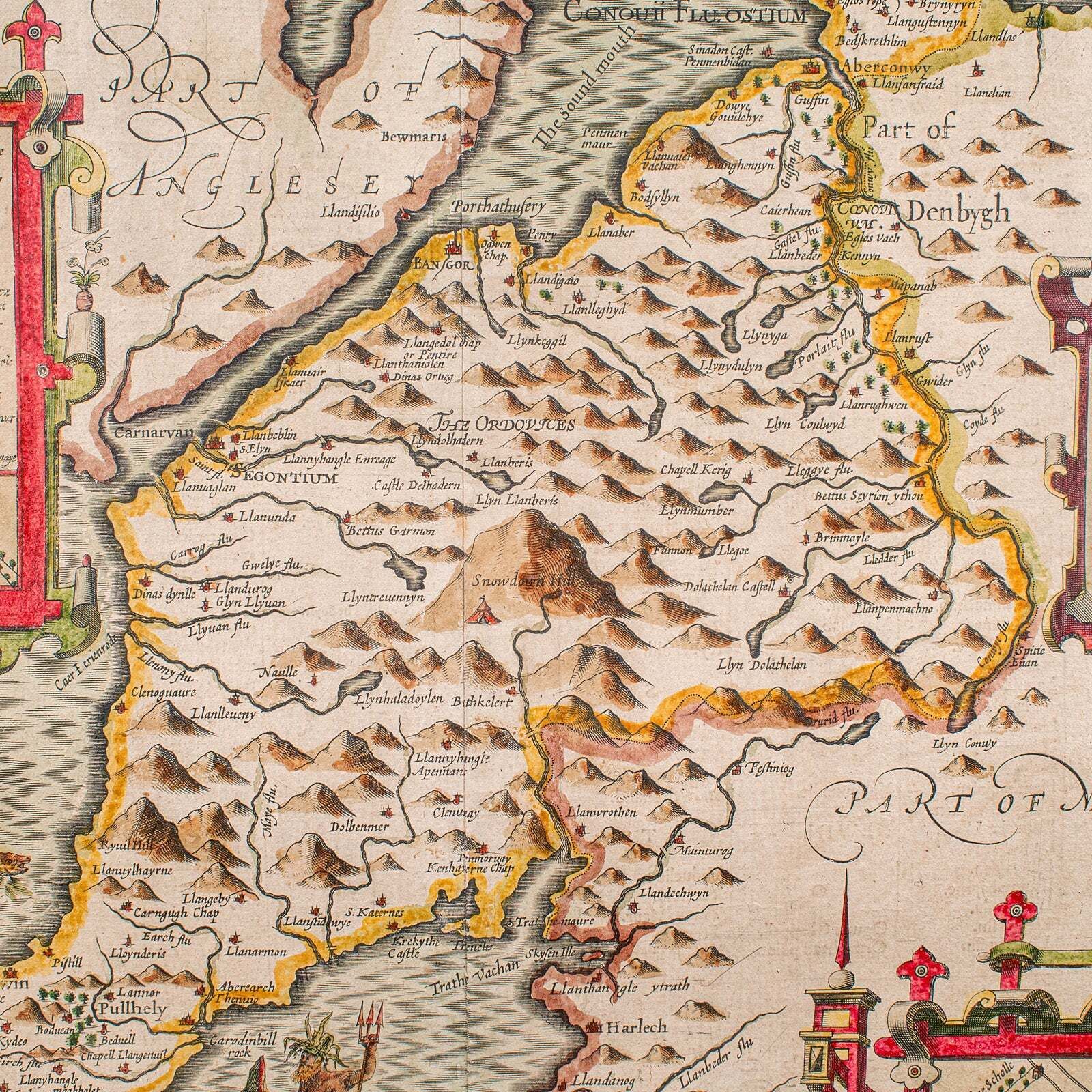 Antique Caernarvon Map, Framed Cartography, Welsh County, John Speed, Circa 1610 photo vinterior