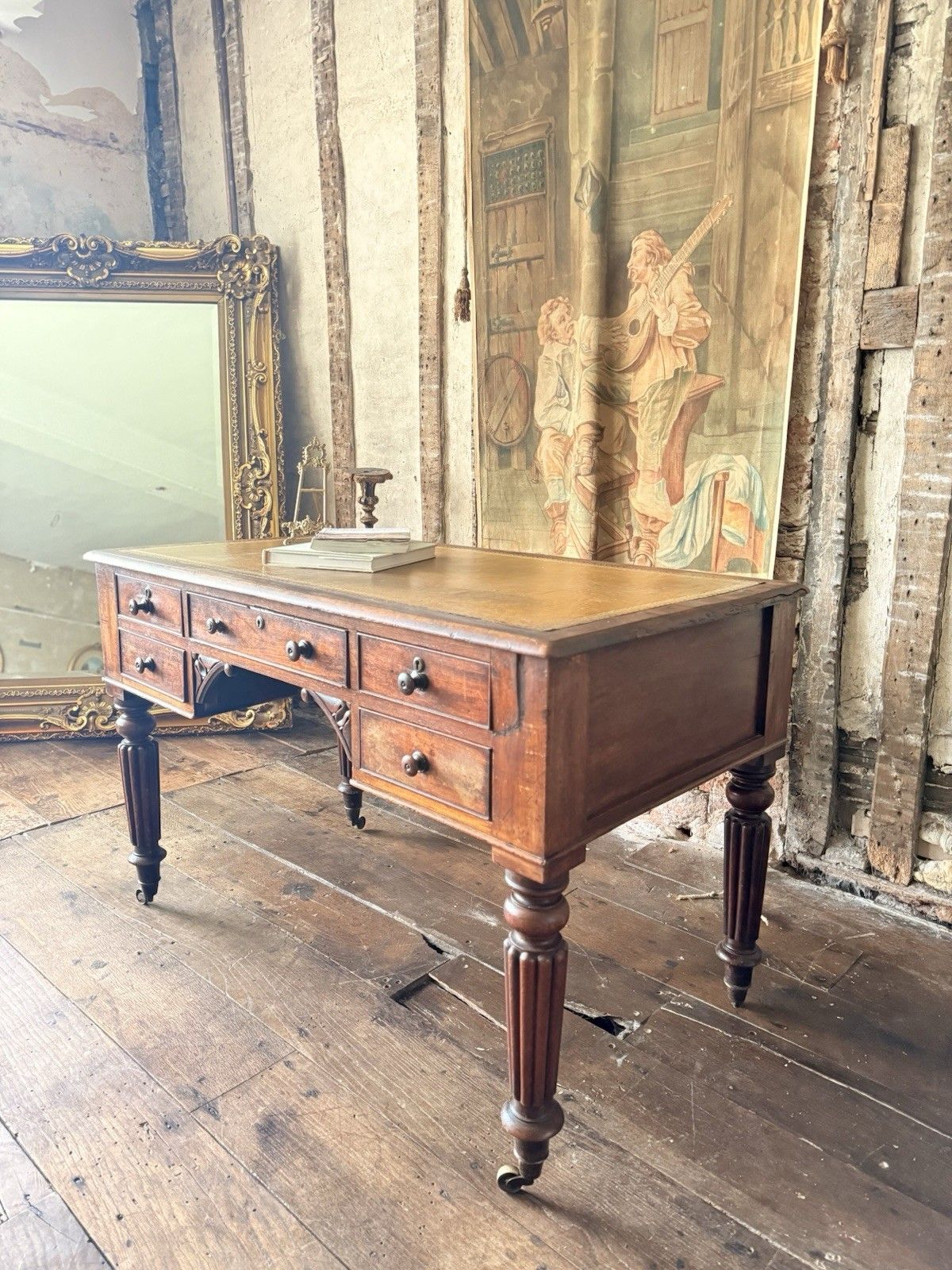 English Original Antique Regency Rustic Writers Office Desk W/ Drawers 1820 C photo vinterior