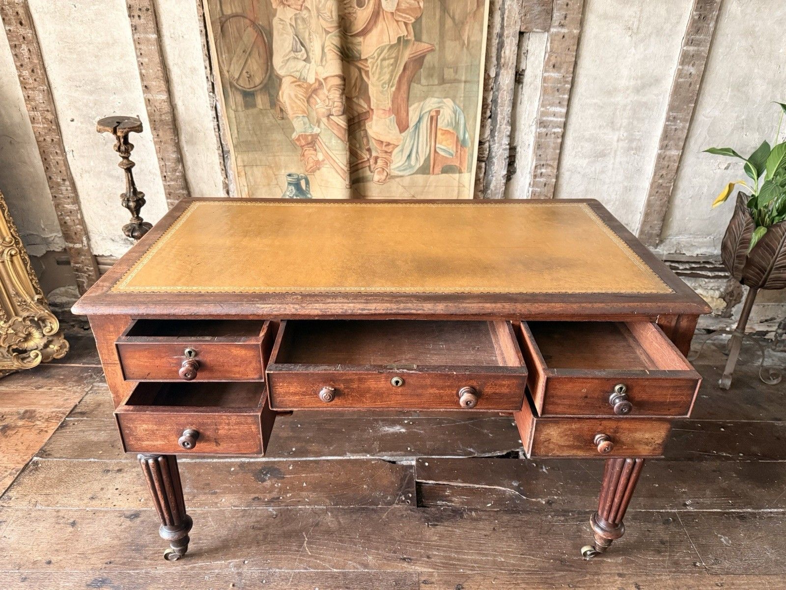 899.0 English Original Antique Regency Rustic Writers Office Desk W/ Drawers 1820 C photo