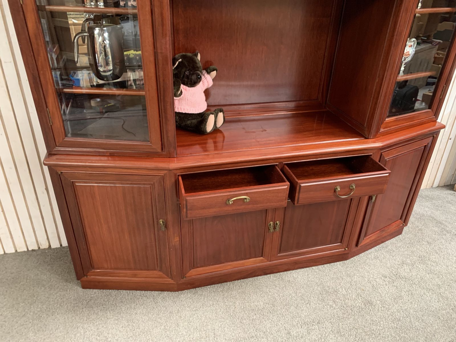 photo furniture Large Oriental Hardwood Display Cabinet With Glass Doors And Shelves On The Top