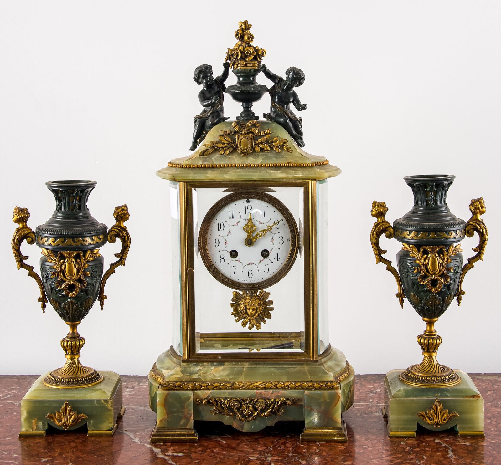 French Onyx & Gilt Bronze Three Piece Mantel Clock Garniture, C.1900 photo for sale