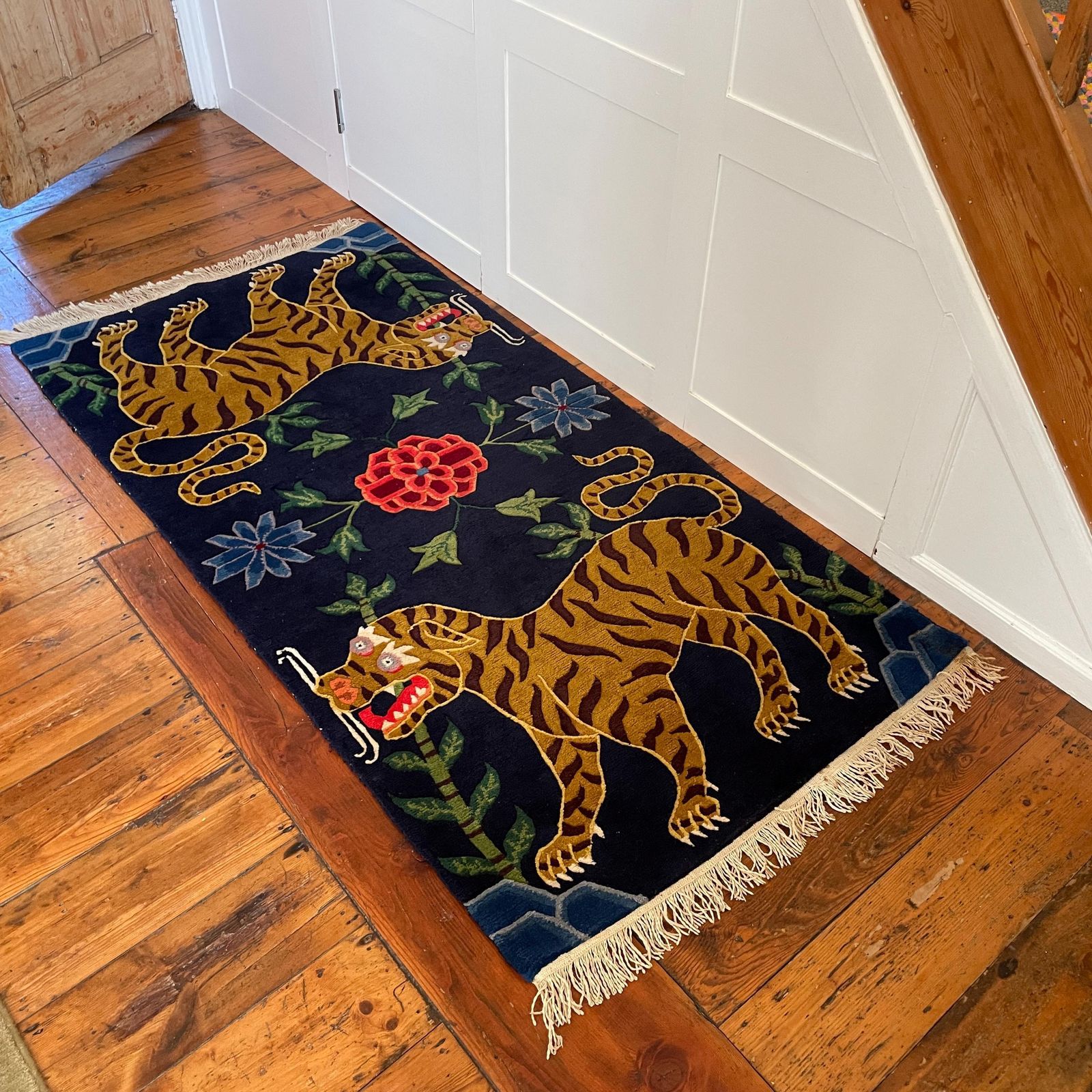 Handmade Wool Tibetan Tiger Woven Rug Rectangle Wool Vintage 195x93cm Colourful Blue Antique Hand Knotted Carpet Pattern Maximalist Nepal photo vinterior