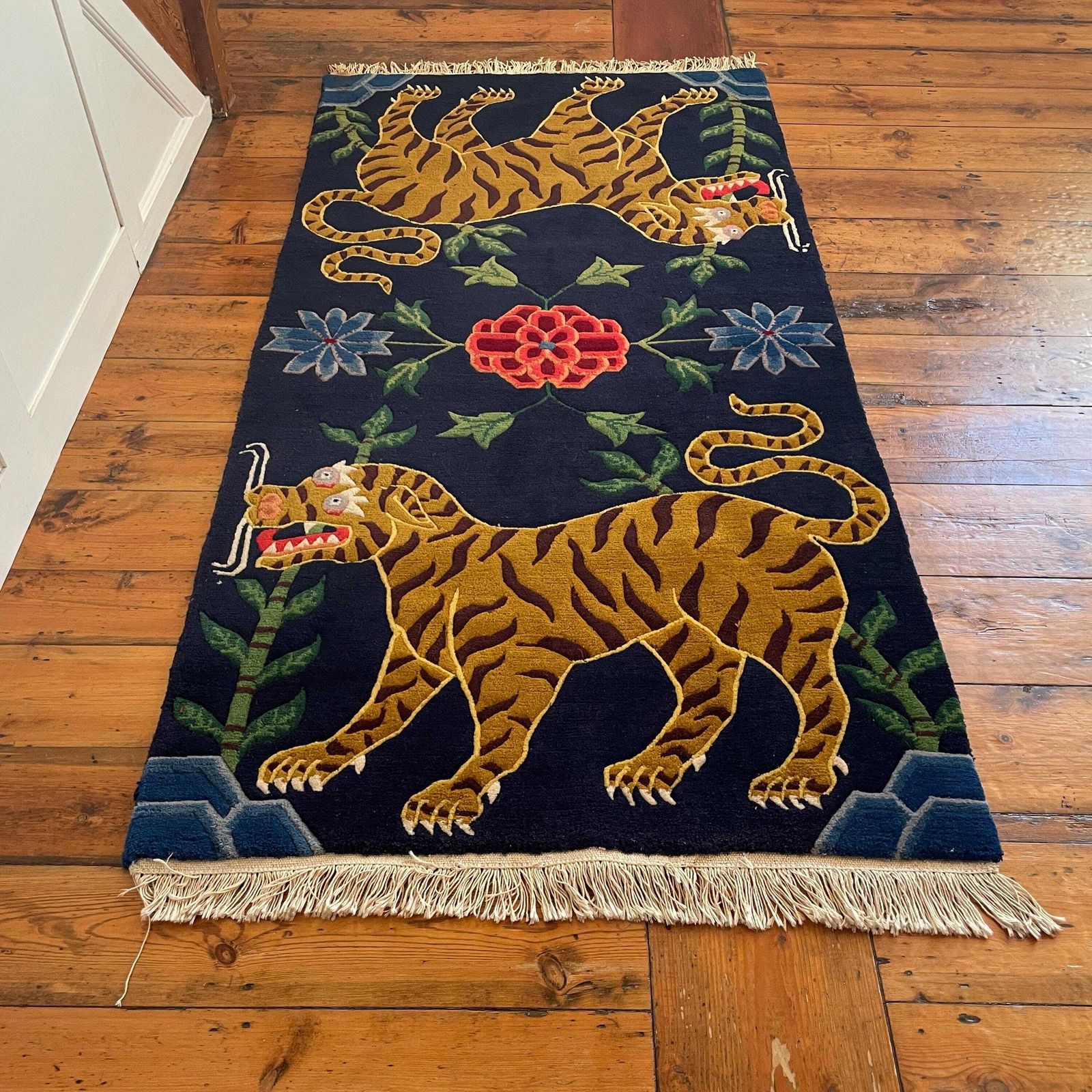 photo for sale Handmade Wool Tibetan Tiger Woven Rug Rectangle Wool Vintage 195x93cm Colourful Blue Antique Hand Knotted Carpet Pattern Maximalist Nepal