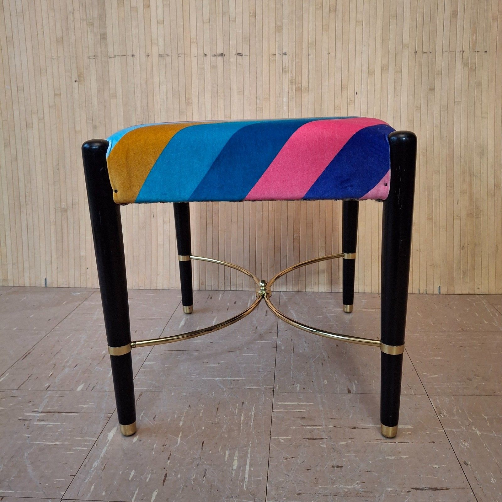 Fab Vintage Retro Upholstered Sherbet Multi Stripe Velvet Dressing Table Stool photo vinterior