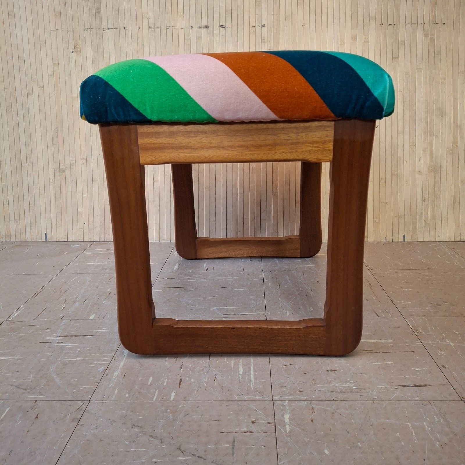 Fab Vintage Retro Mcm Upholstered Multi Stripe Velvet Teak Dressing Table Stool photo vintage