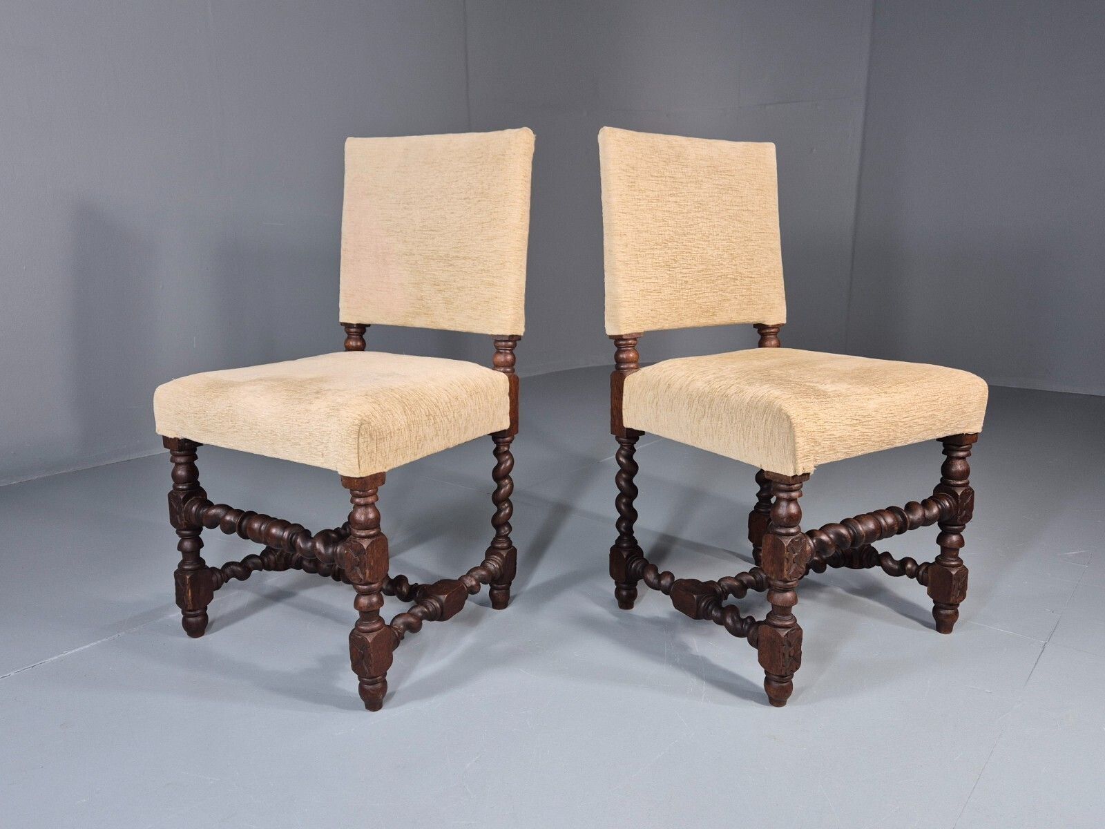 2 Baroque Dining Chairs In Oak Barley Twist H Stretchers Antique Eb11425 Vdin