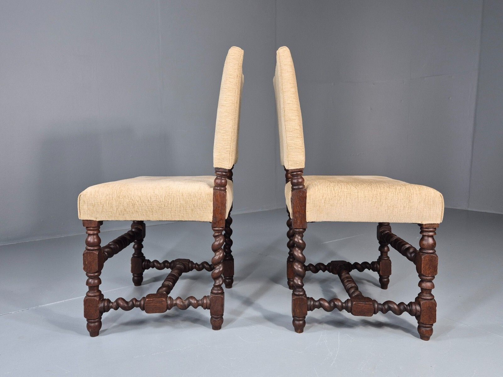 2 Baroque Dining Chairs In Oak Barley Twist H Stretchers Antique Eb11425 Vdin photo vintage
